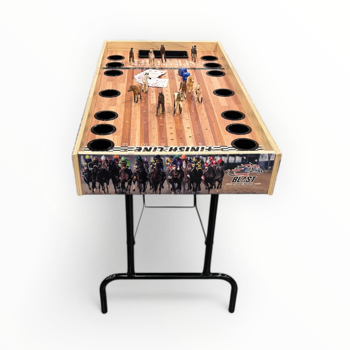 a wooden table with a game on top of it