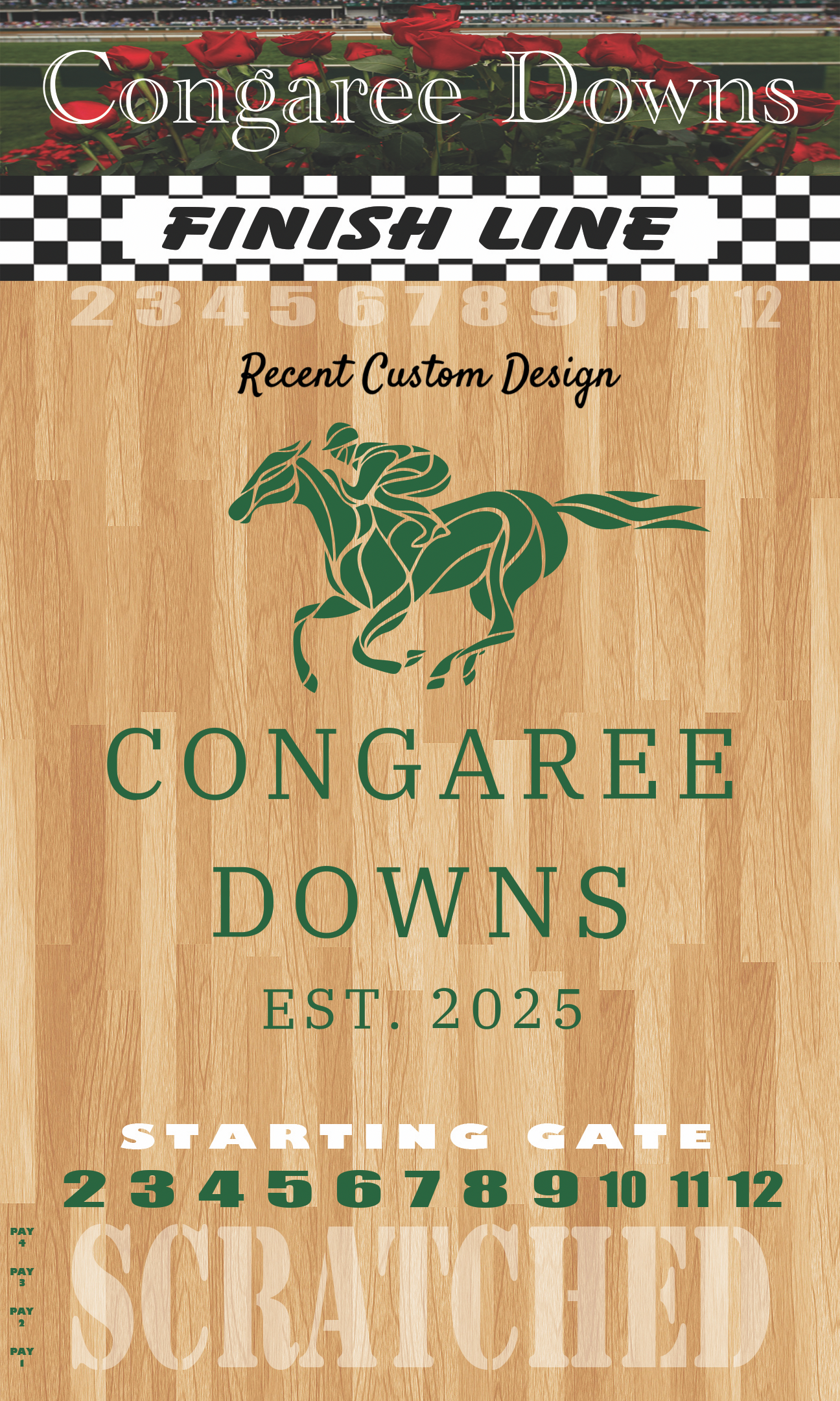 a wooden sign with a horse and jockey on it