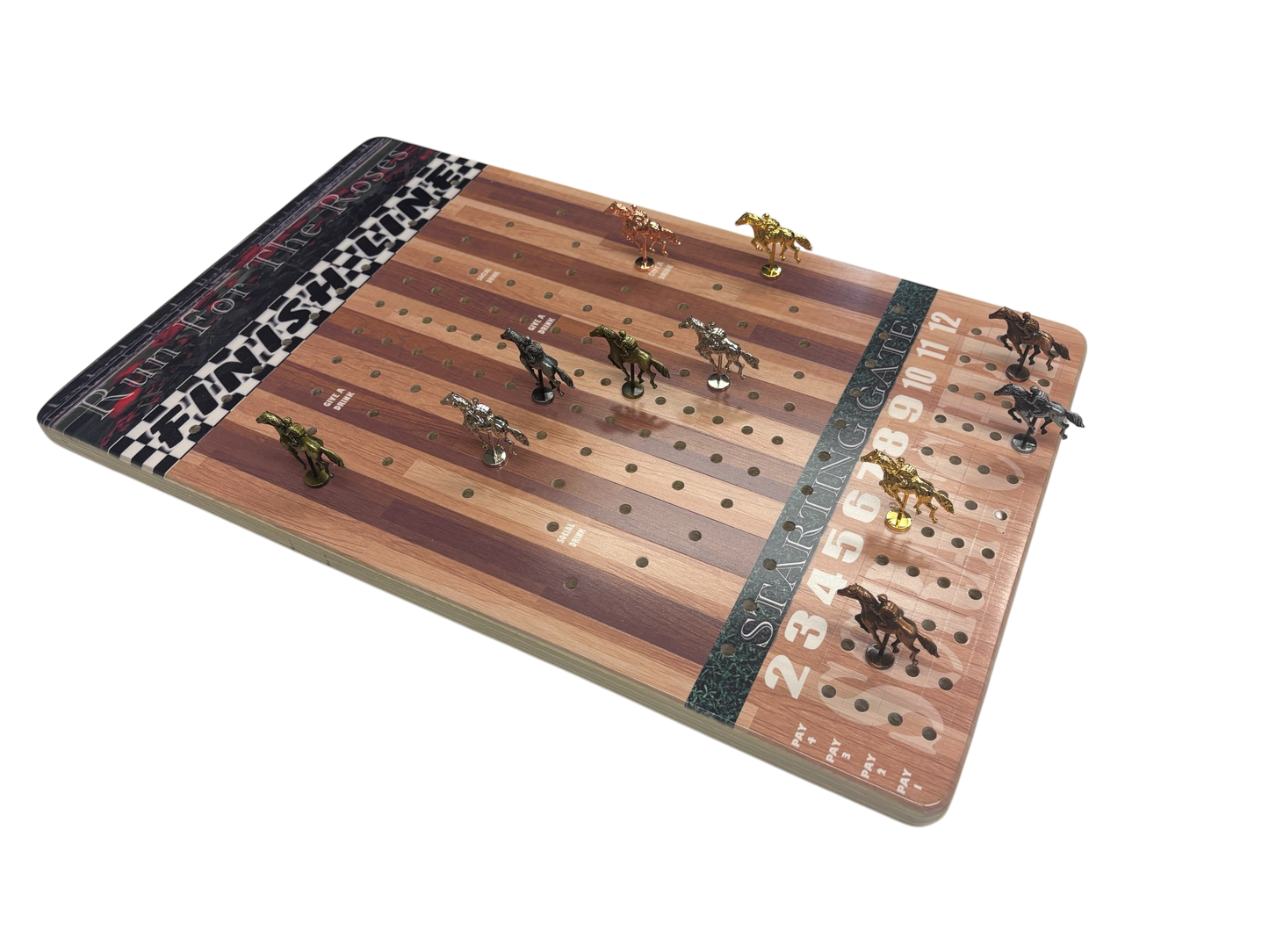 a wooden board with a bunch of toy dinosaurs on it