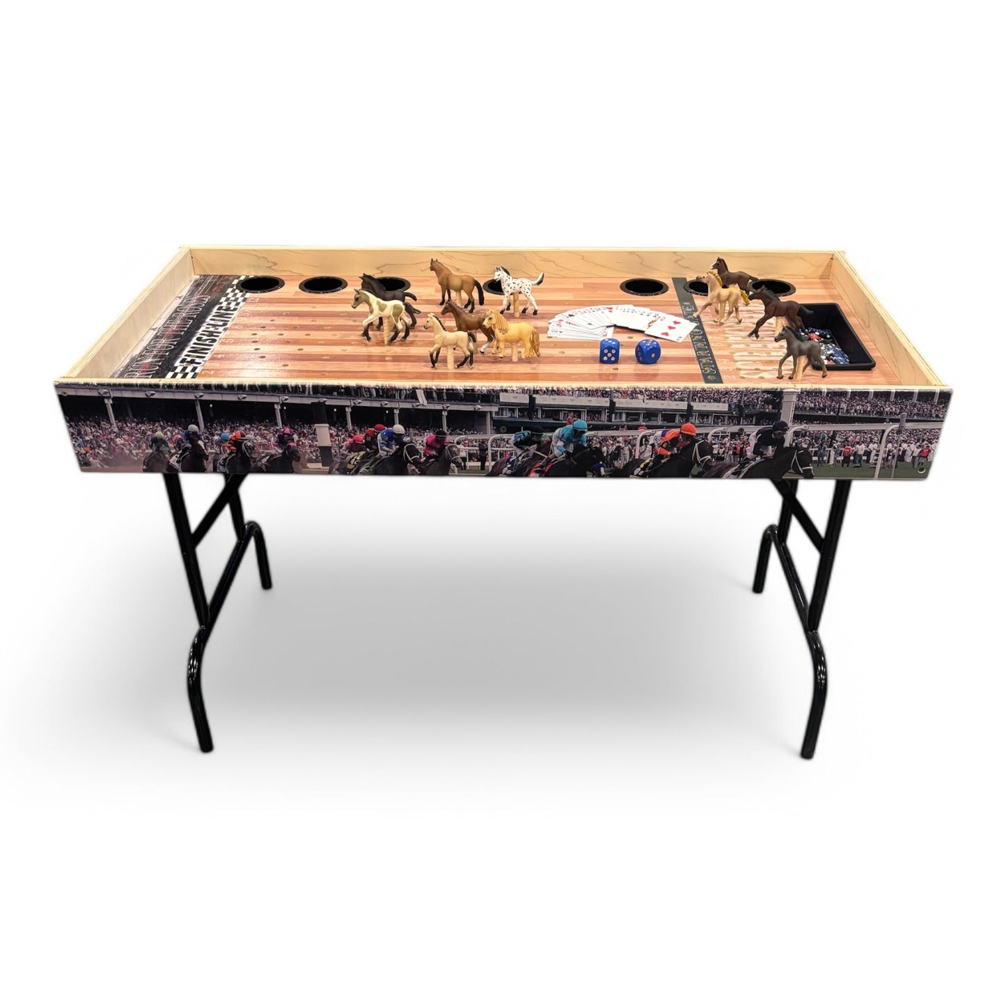 a wooden table with a game on top of it
