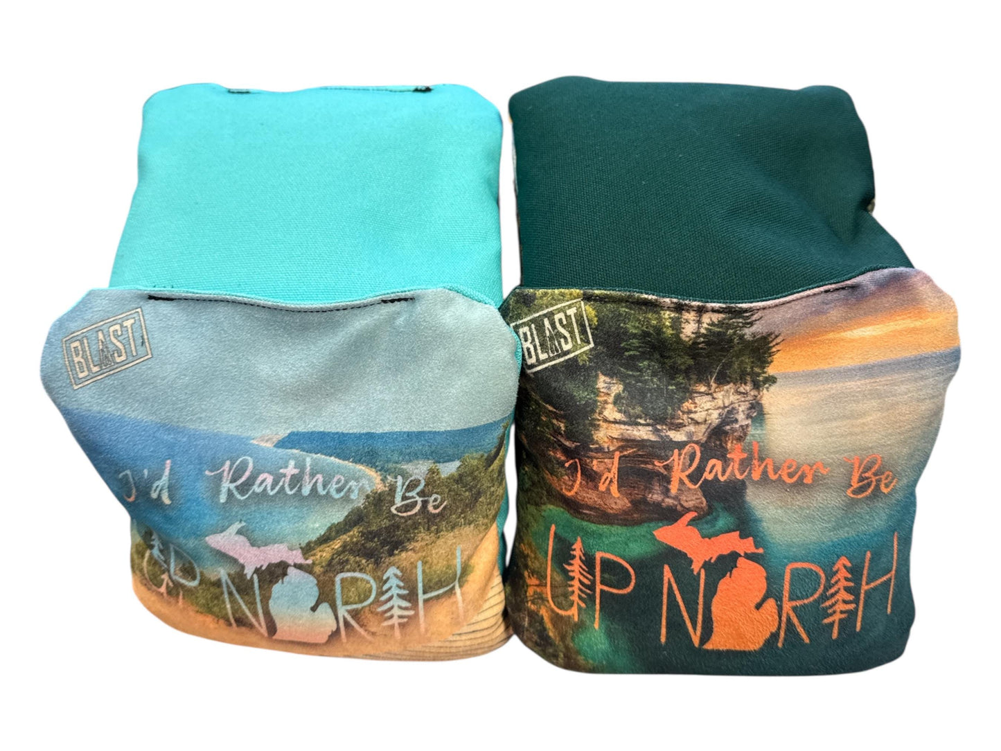 two bags with printed designs related to Michigan, including a landscape and a sunset.