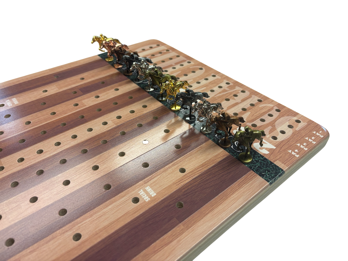 a close up of a wooden board with a group of people on it