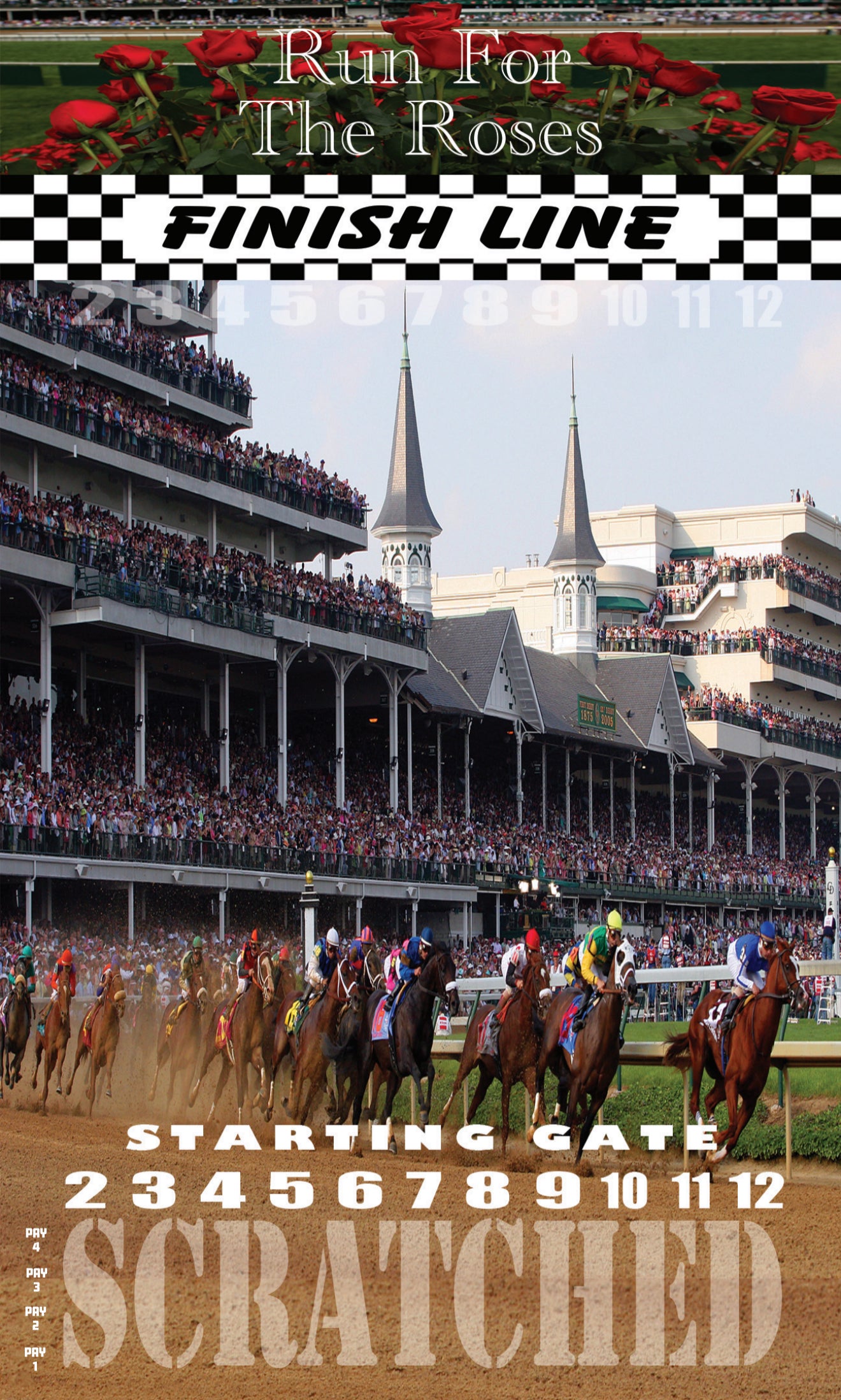 Horse race at Churchill Downs with 'Run For The Roses' text and finish line graphic.
