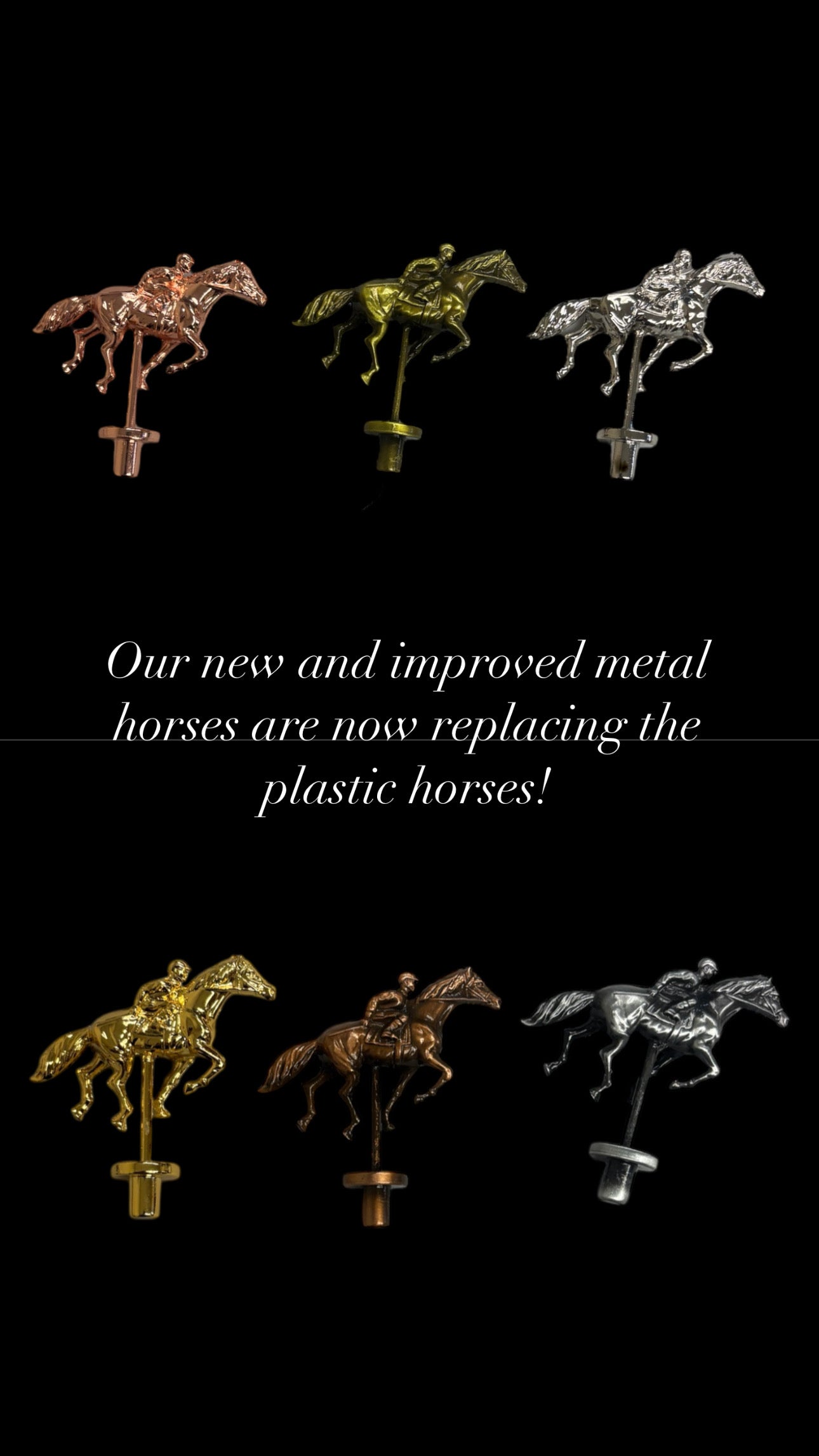 a black background with gold and silver horses on it