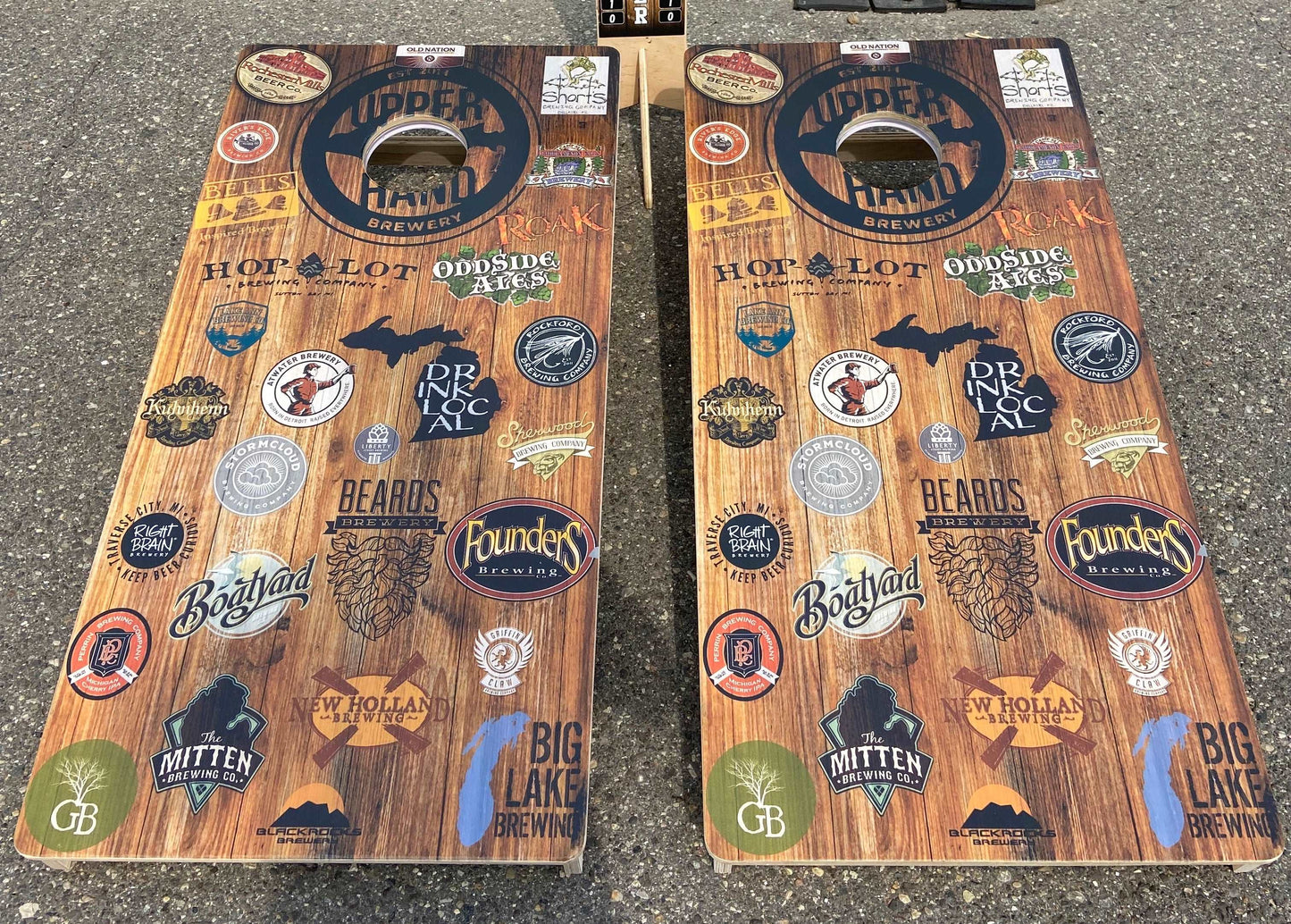 Michigan Brewery Cornhole Boards Set Dark Wood