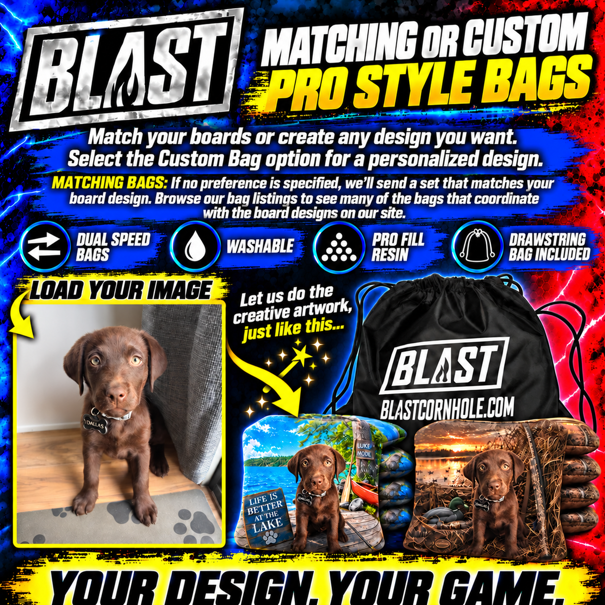 a brown dog, likely a Labrador Retriever, sitting on a wooden surface. The dog is wearing a collar and leash, and there is a bag with a dog design on it. The image also includes a bag with a dog design and a bag with a cat design. The image does not contain any text, and there are no other objects or actions depicted.