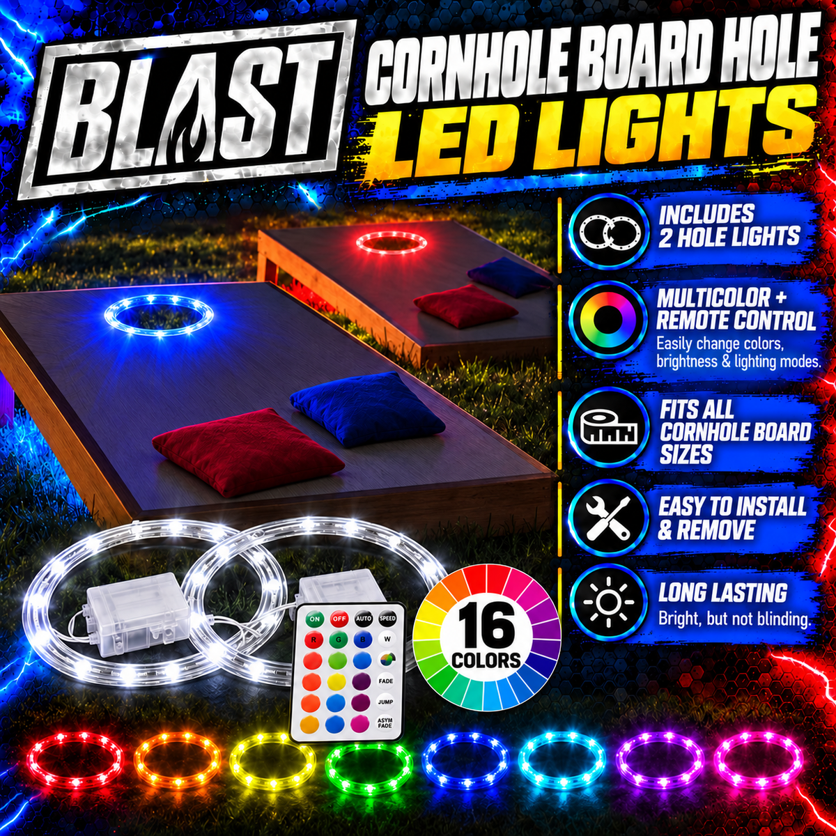 The image is an advertisement for a product called "Blast Cornhole Board Hole LED Lights". It features a cornhole board with colorful LED lights installed, and the product is described as a set of lights that can be used to illuminate the board and enhance the game experience.