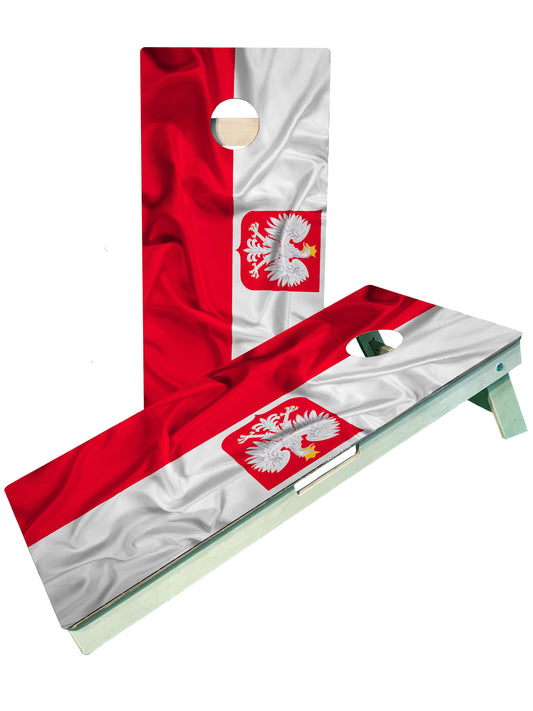 a white and red cornhole game with a flag on it