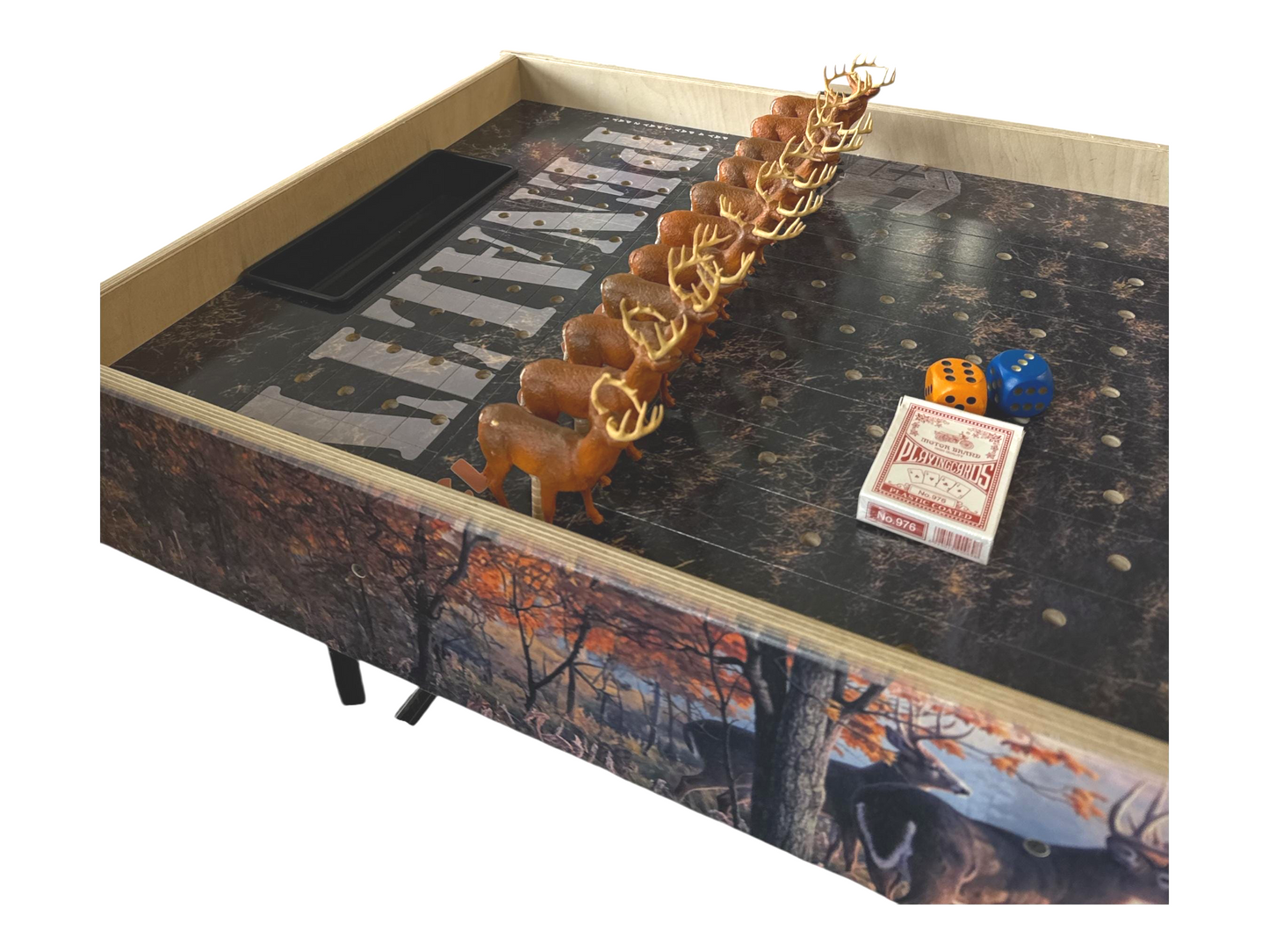 a game board with a deer and a pair of dice on it.