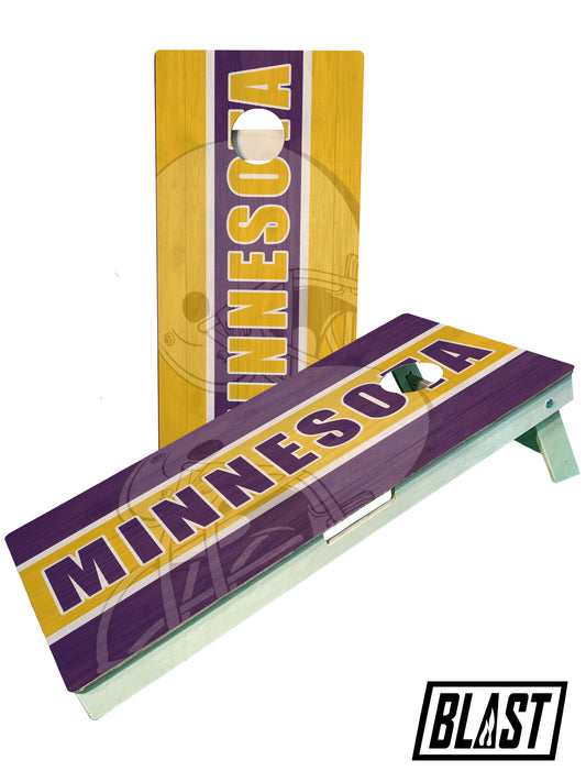 a minnesota cornhole game set with a minnesota flag