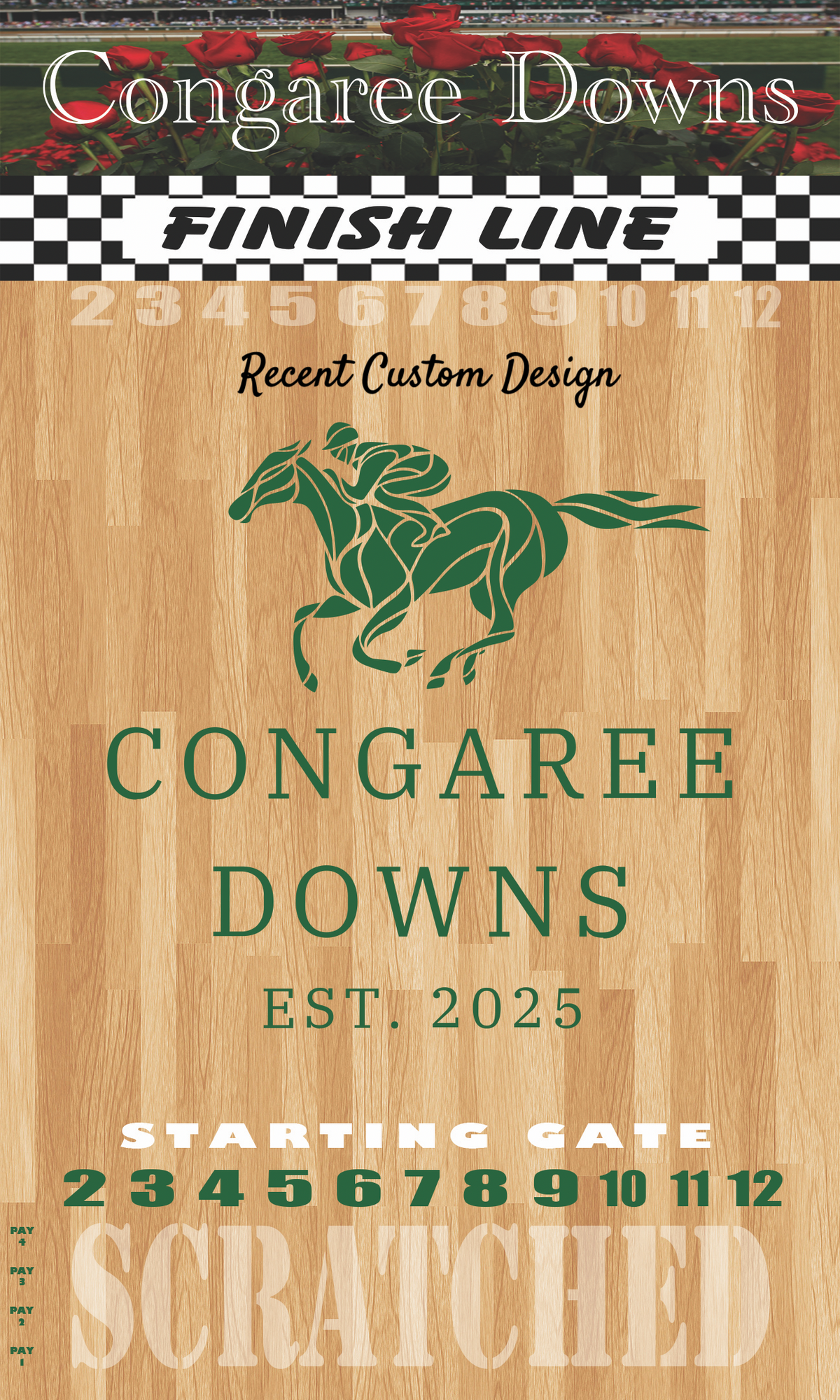 a wooden sign with a horse and jockey on it