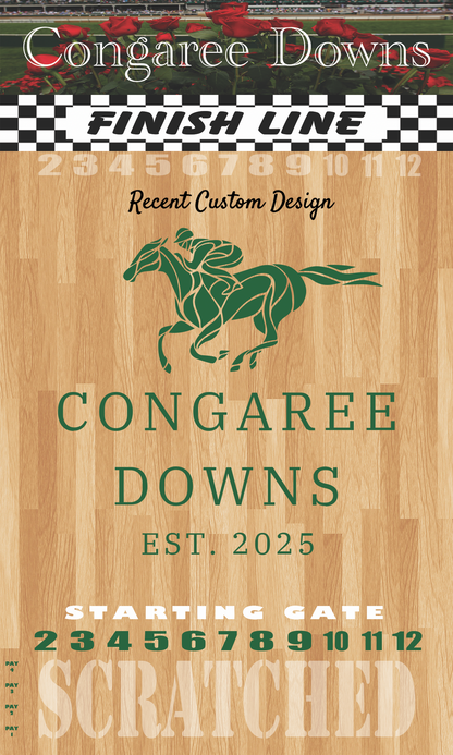 a wooden sign with a horse and jockey on it