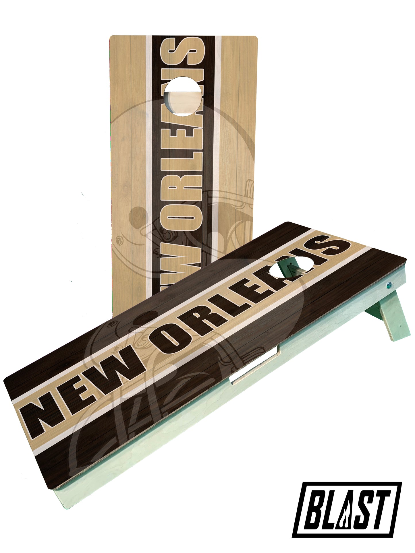 a new orleans cornhole board with the word new orleans on it