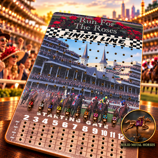 A racing game board with a horse race track and jockeys on horseback, along with a "Run for the Roses" theme and a "FINISH LINE" section.
