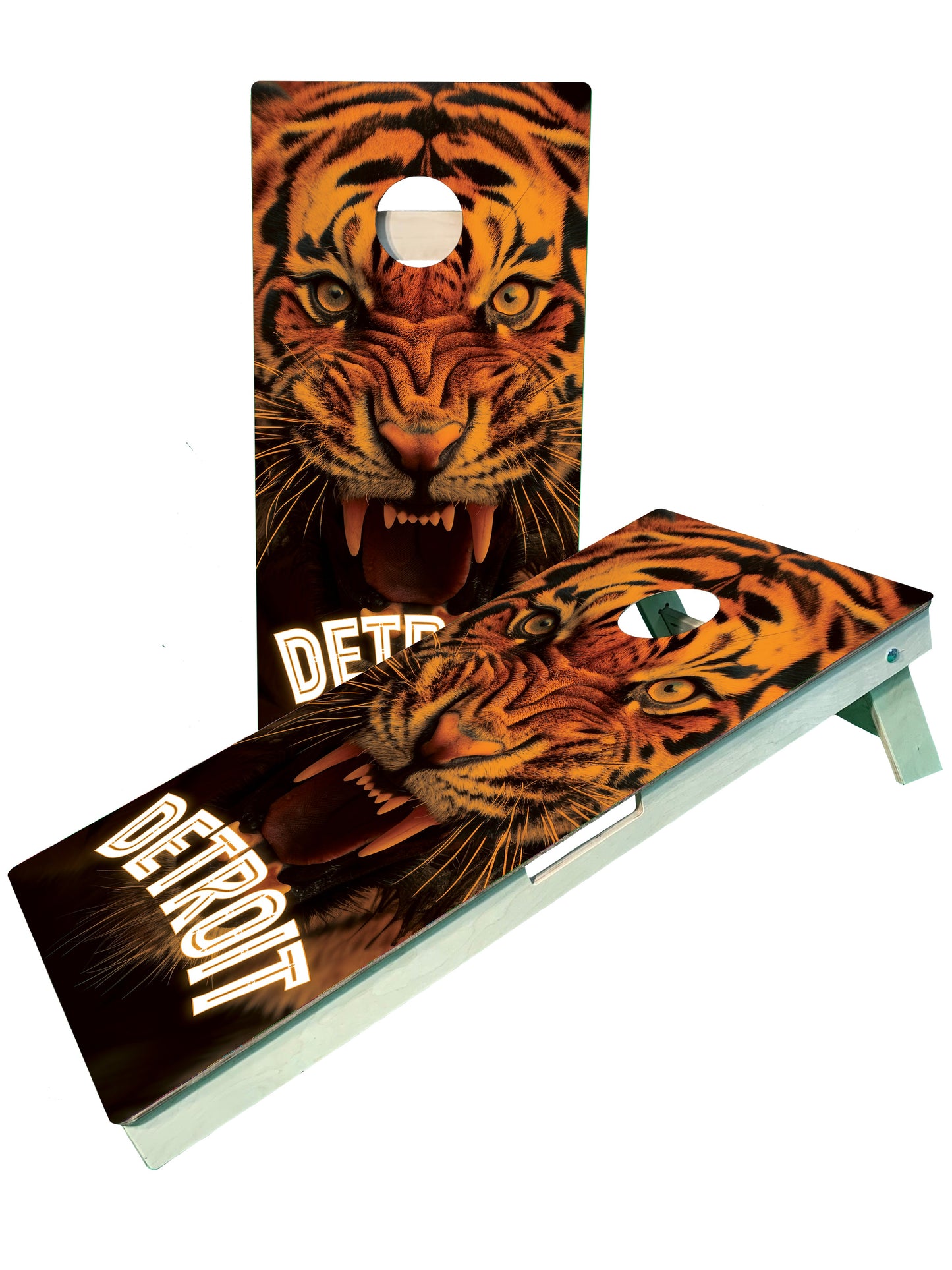 a close up of a cornhole game with a tiger on it