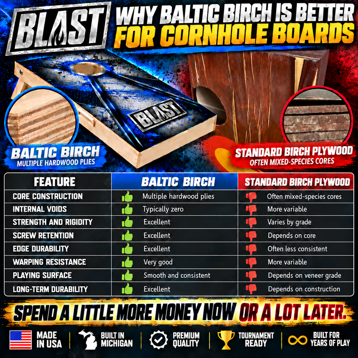 The image is an advertisement for Baltic Birch hardwood plies, comparing their features and benefits for cornhole boards.
