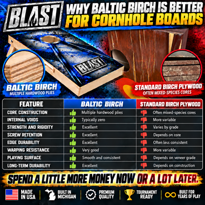 The image is an advertisement for Baltic Birch hardwood plies, comparing their features and benefits for cornhole boards.