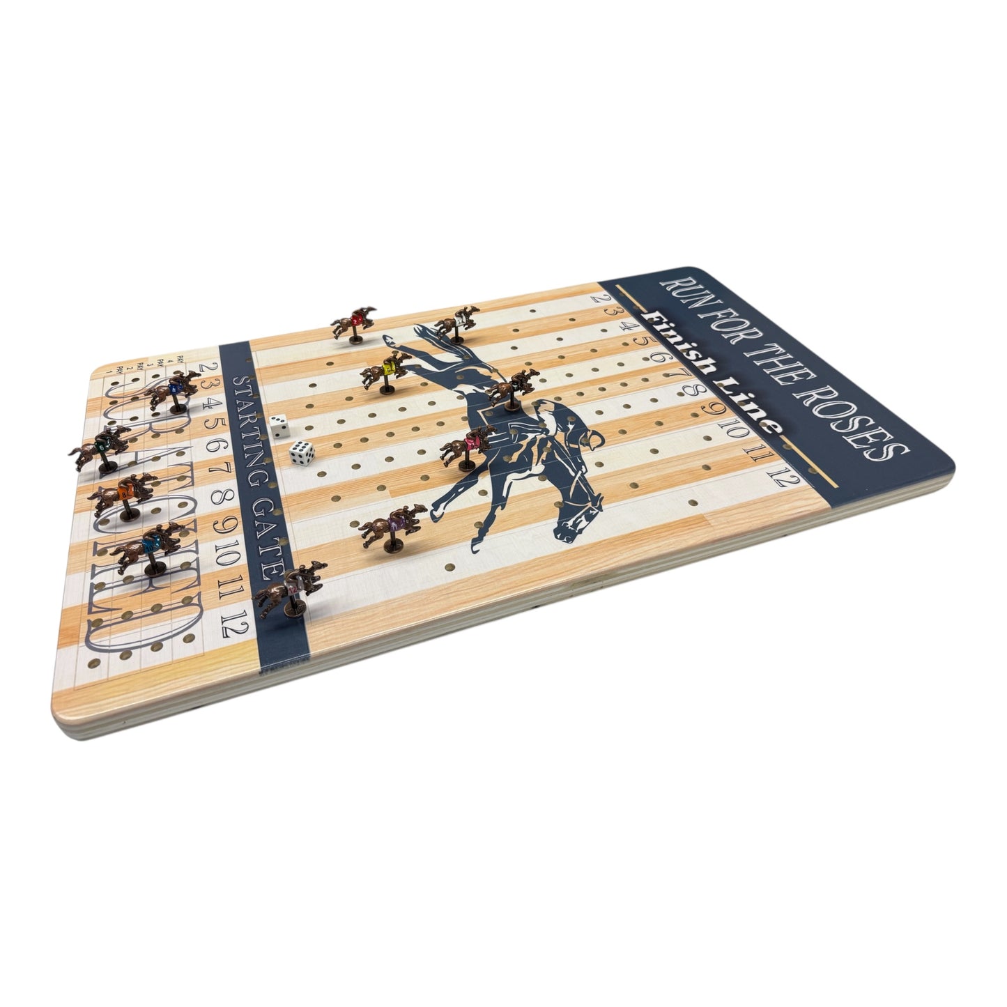 Horse Race Party Game - XL Light Striped Track Wooden Board with Numbered Metal Horse Figures