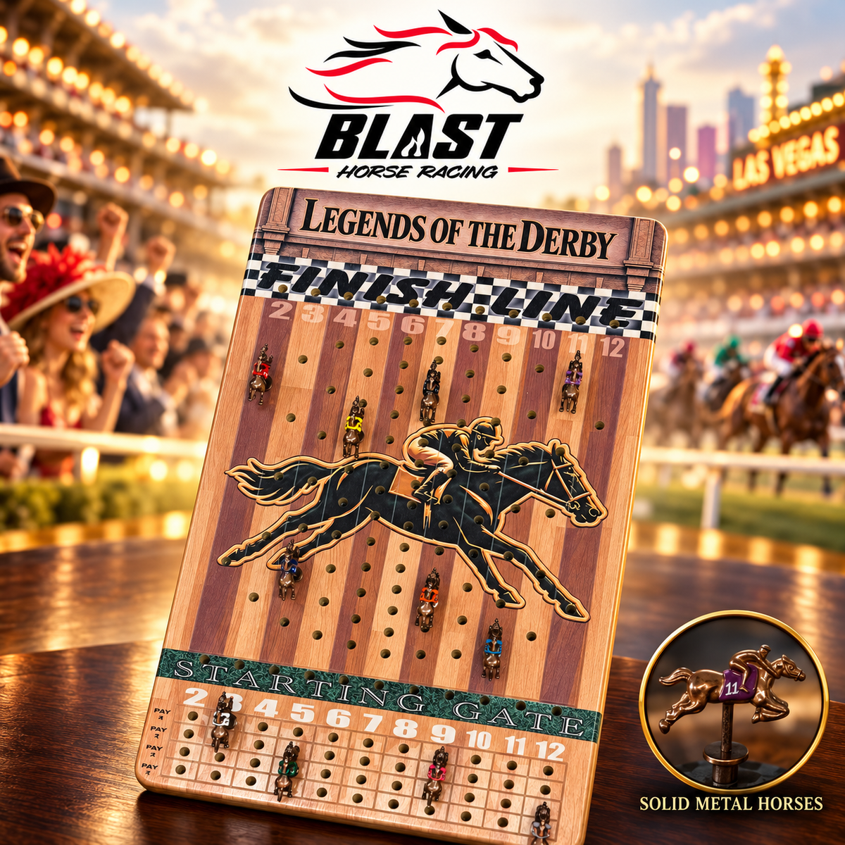 Legends of the Derby Horse Racing Board Game – Woodgrain Track with Metal Horses