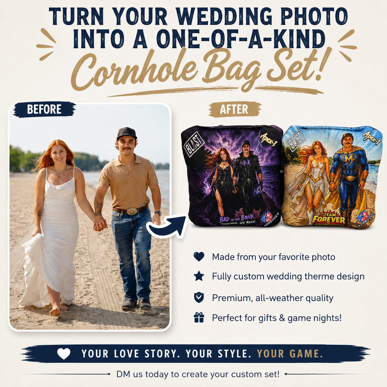 Custom Wedding Super Hero pro style slick and stick cornhole bags (set of 8) - upload your custom design!