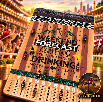 The image is a colorful and detailed advertisement for a game called "Weekend Forecast Camping with a Chance of Drinking May Be Heavy at Times". The game board is placed on a table, surrounded by various small figures representing horses and riders. The background of the image is blurred, but it appears to be a stadium or racetrack setting, suggesting that the game is related to horse racing.