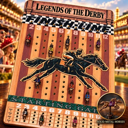 a wooden game board with a racing theme, displaying a horse and jockey on it. The game board is set up in a casino-like environment with a crowd of people in the background.