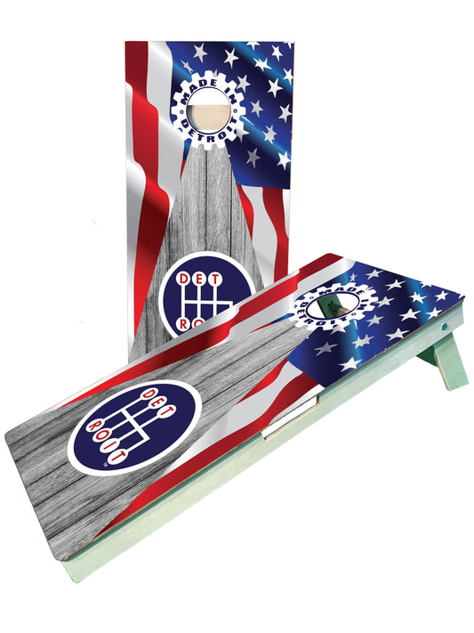 an american flag themed cornhole game set