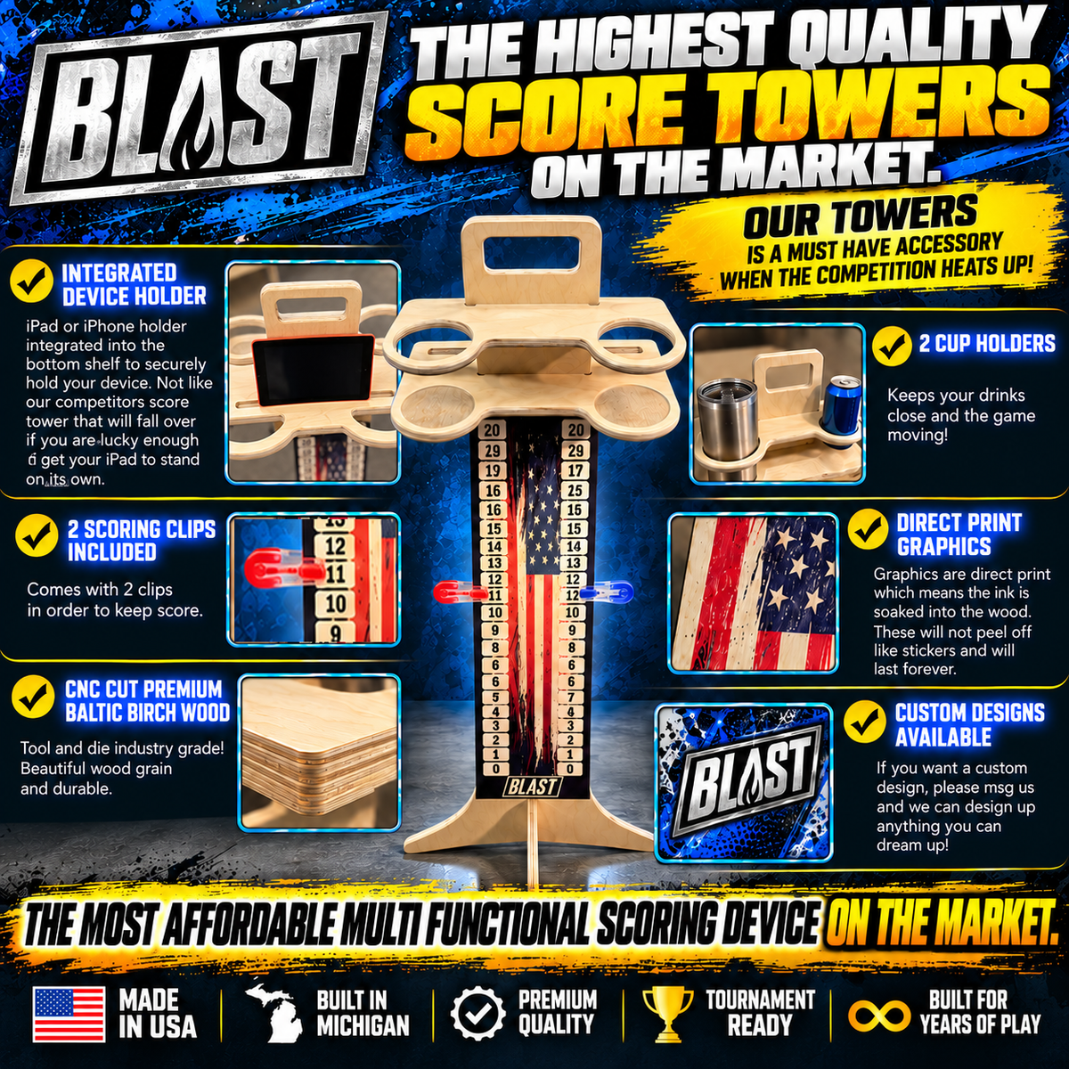 The image is an advertisement for a product called "Blast" that is a multi-functional scoring device for various games. It features a large scoreboard with a scoring system, as well as a device holder and cup holders. The ad highlights the device's high quality, durability, and affordability, and emphasizes that it is the most affordable multi-functional scoring device on the market.