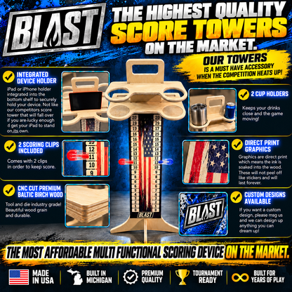 The image is an advertisement for a product called "Blast" that is a multi-functional scoring device for various games. It features a large scoreboard with a scoring system, as well as a device holder and cup holders. The ad highlights the device's high quality, durability, and affordability, and emphasizes that it is the most affordable multi-functional scoring device on the market.