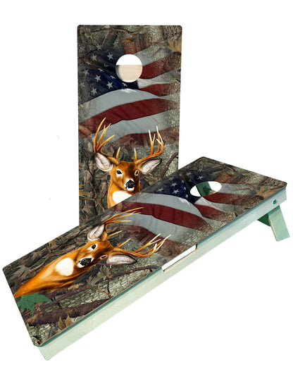 a pair of deer with an american flag cornhole game set