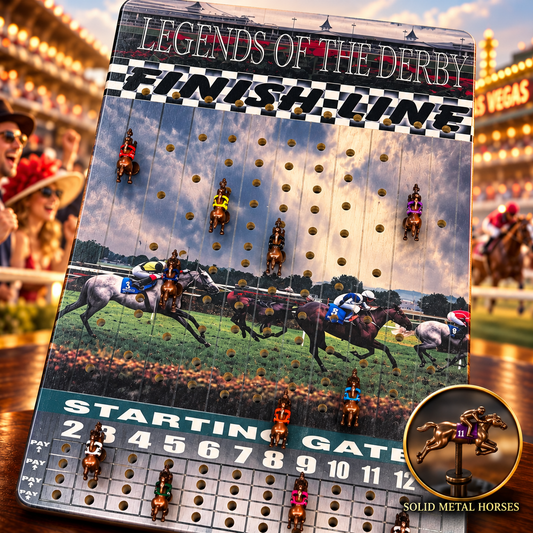 The image is a poster for a game called "Legends of the Derby", featuring a racing scene with horses and jockeys. The poster includes a starting gate and a list of numbers, likely indicating the game's rules or scoring system.