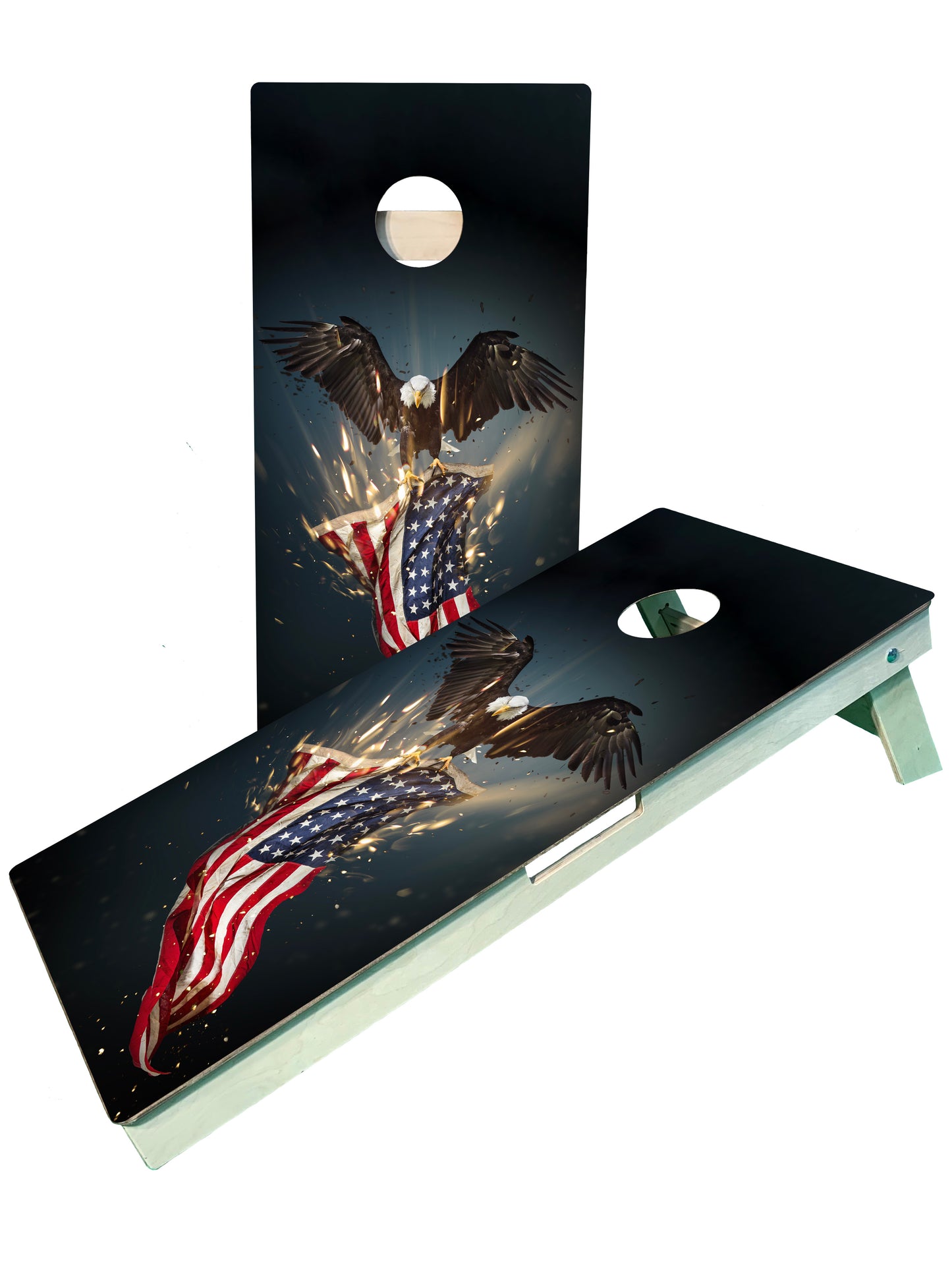 an american flag and eagle themed cornhole game