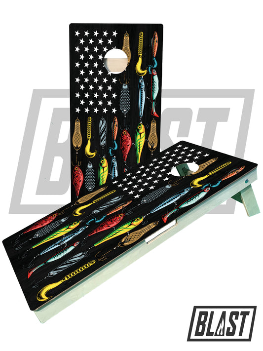 Fishing Lure American Flag Cornhole Boards