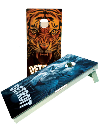 Mix Detroit Football/Baseball Cornhole Boards, Motor City Sports Lion and Tiger Fan